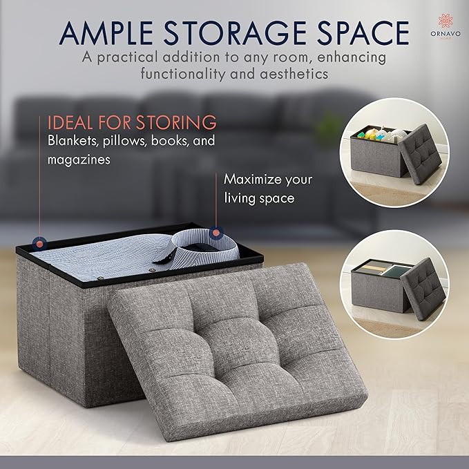 Ornavo Home Small Storage Ottoman Foldable Collapsible Rectangle Linen Ottoman