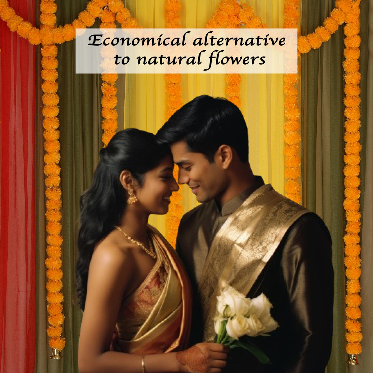 Marubhumi 5-PC Artificial Marigold Flower Garland – 4.5 Feet Long Strands with Bells | Mango Color | Diwali, Wedding, Home, and Christmas Décor
