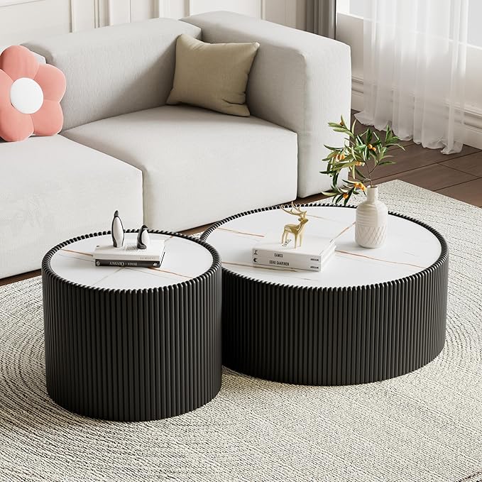 SSLine Round Drum Coffee Table Modern Sintered Stone Top Coffee Table in Black
