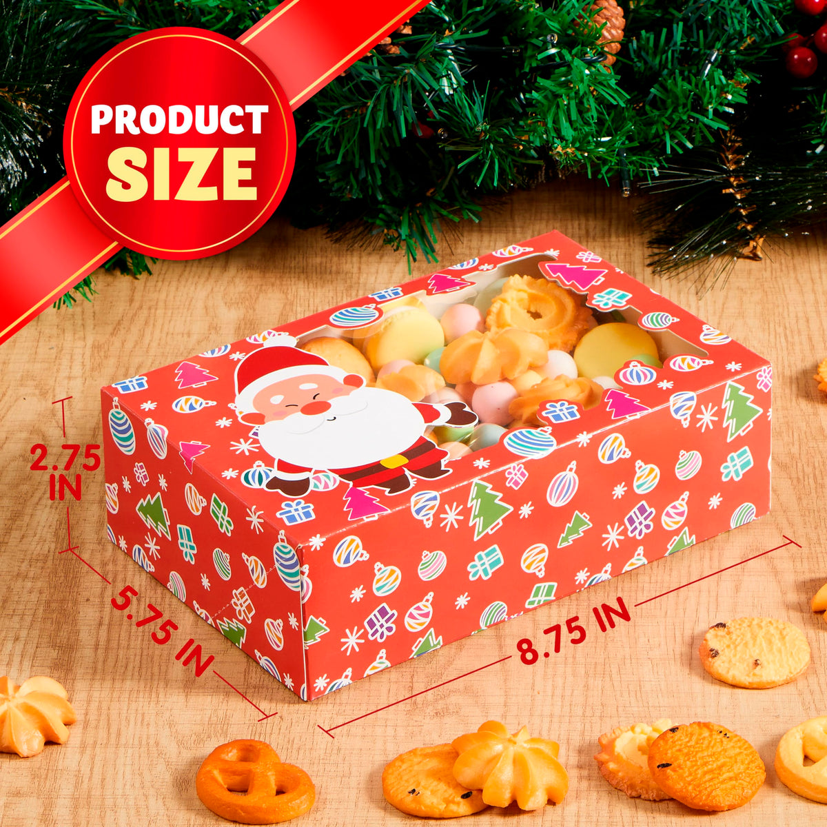 JOYIN 24 PCS Christmas Foil Treats Cookie Gift Boxes (8.75" x 5.75" x 2.75") Colorful Pattern Bakery Box with Window for Xmas Holiday Birthday Party Pastries, Cupcakes, Brownies, Donuts Gift-Giving