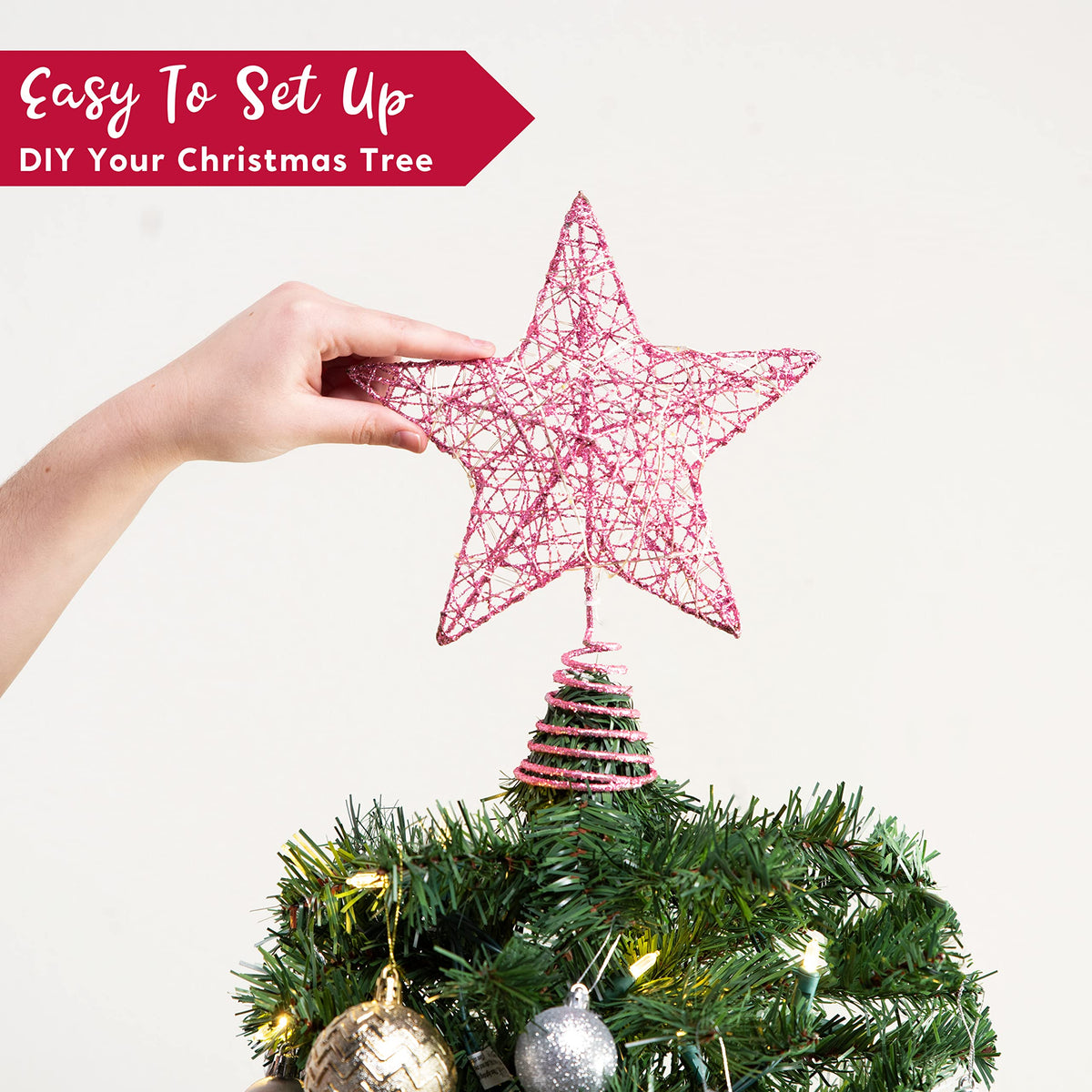 Joiedomi 8 inch Christmas Glitter Star Tree Toppers, Pink Star Lighted with 20 LED Warm White Lights for Xmas Decorations, Holiday Party Indoor Decor