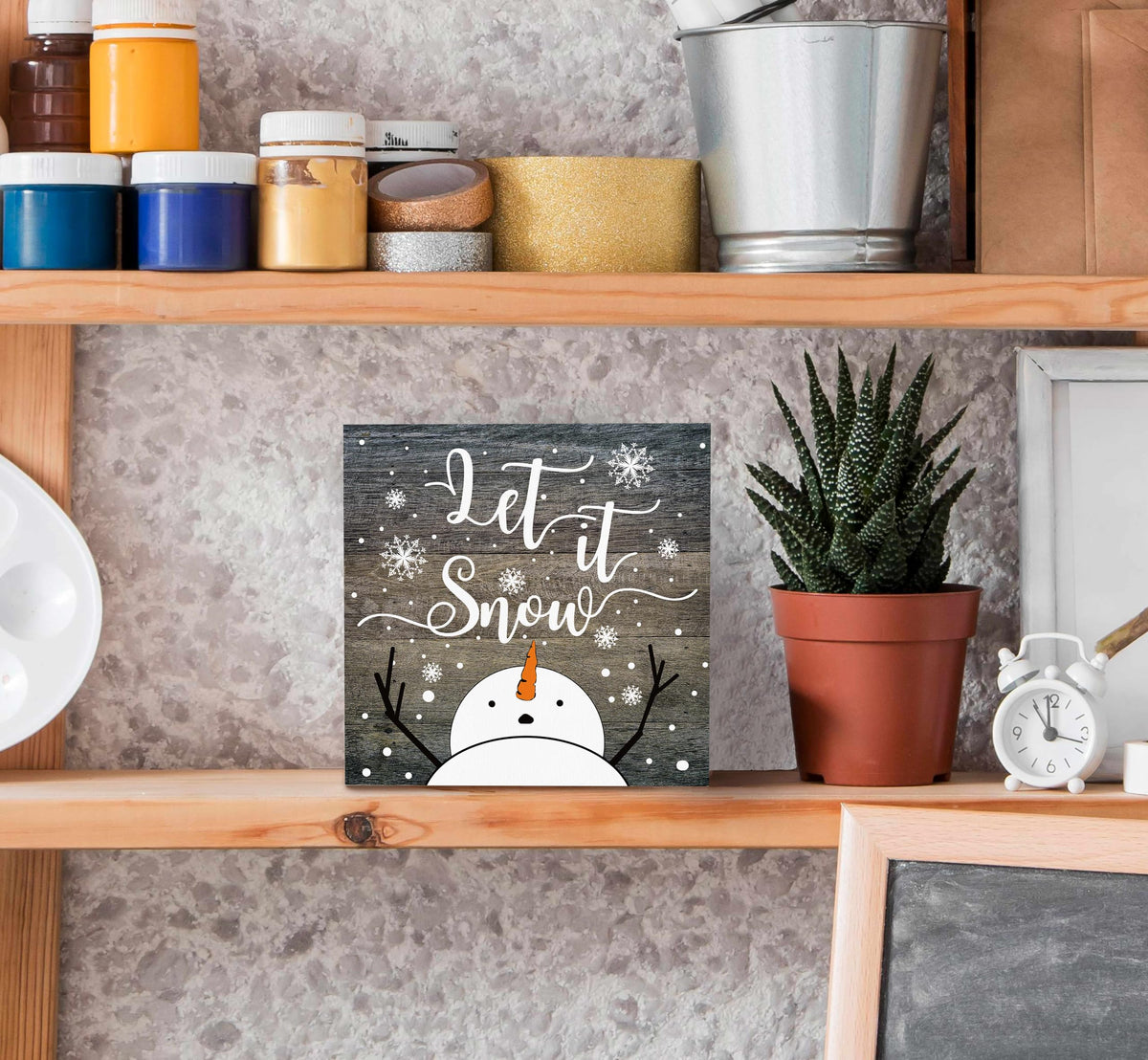 SRADMO Let It Snow Christmas Wooden Sign Desk Decor, Snowman Christmas Decor, Rustic Winter Snowflake Wood Block Signs for Home Office Xmas Party Holiday Desk Table Shelf Decorations, 5x5 Inches