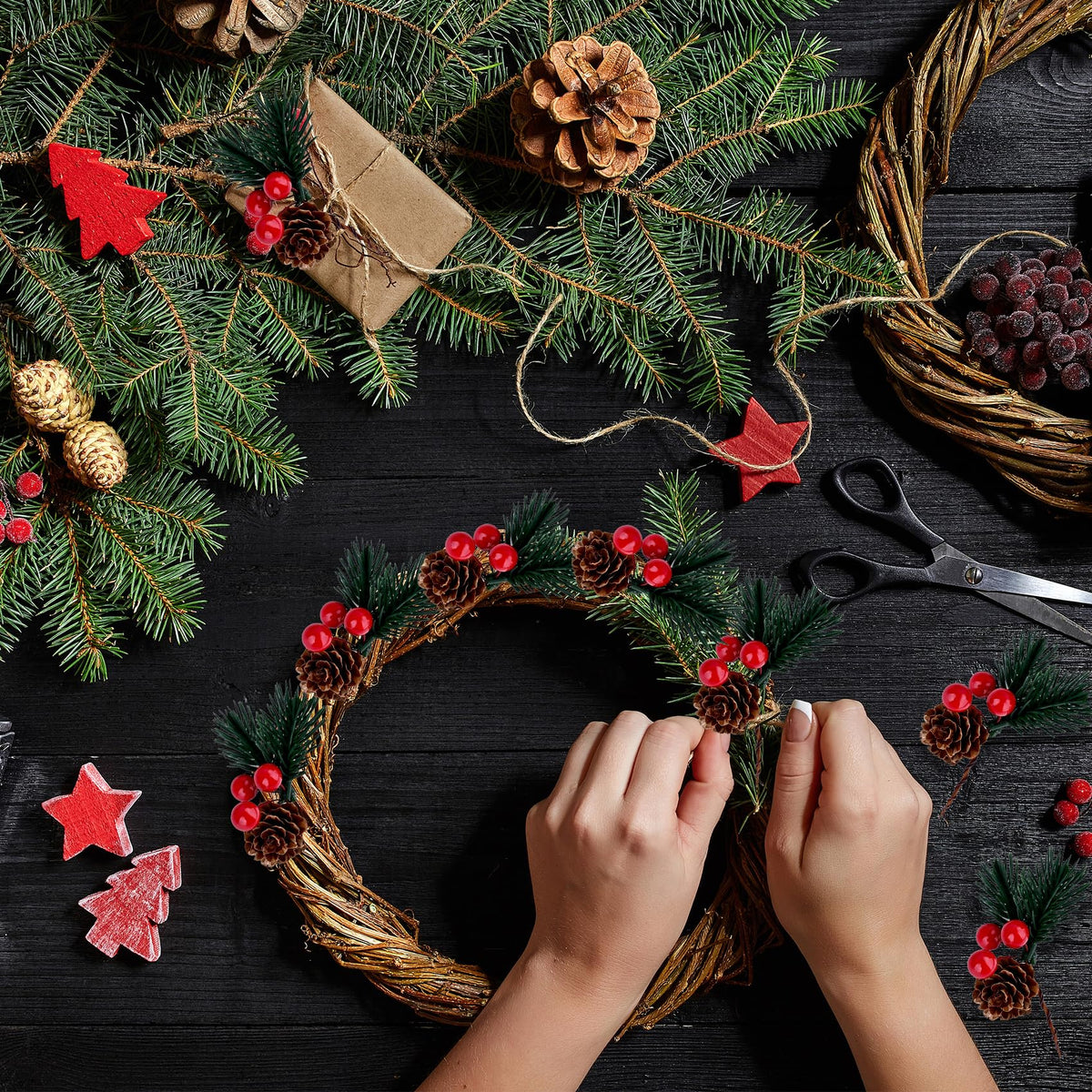 Prdingfy 10 PCS Christmas Snow Covered Pine Needles Branches with Red Berries, Christmas Floral Pick Mini Pinecone Picks for Holiday Wreath,Tree Ornaments
