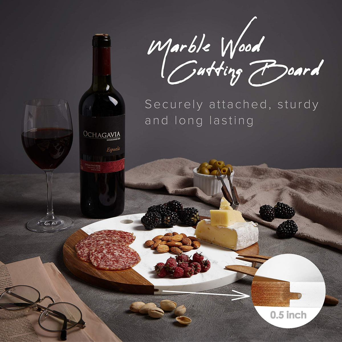 Marble Cheese Board with Acacia Accent 12" Round - Beautifully Handcrafted Charcuterie Board for Two - Round Cutting Board - Wonderful Housewarming Gift 11x11x0.6 inches