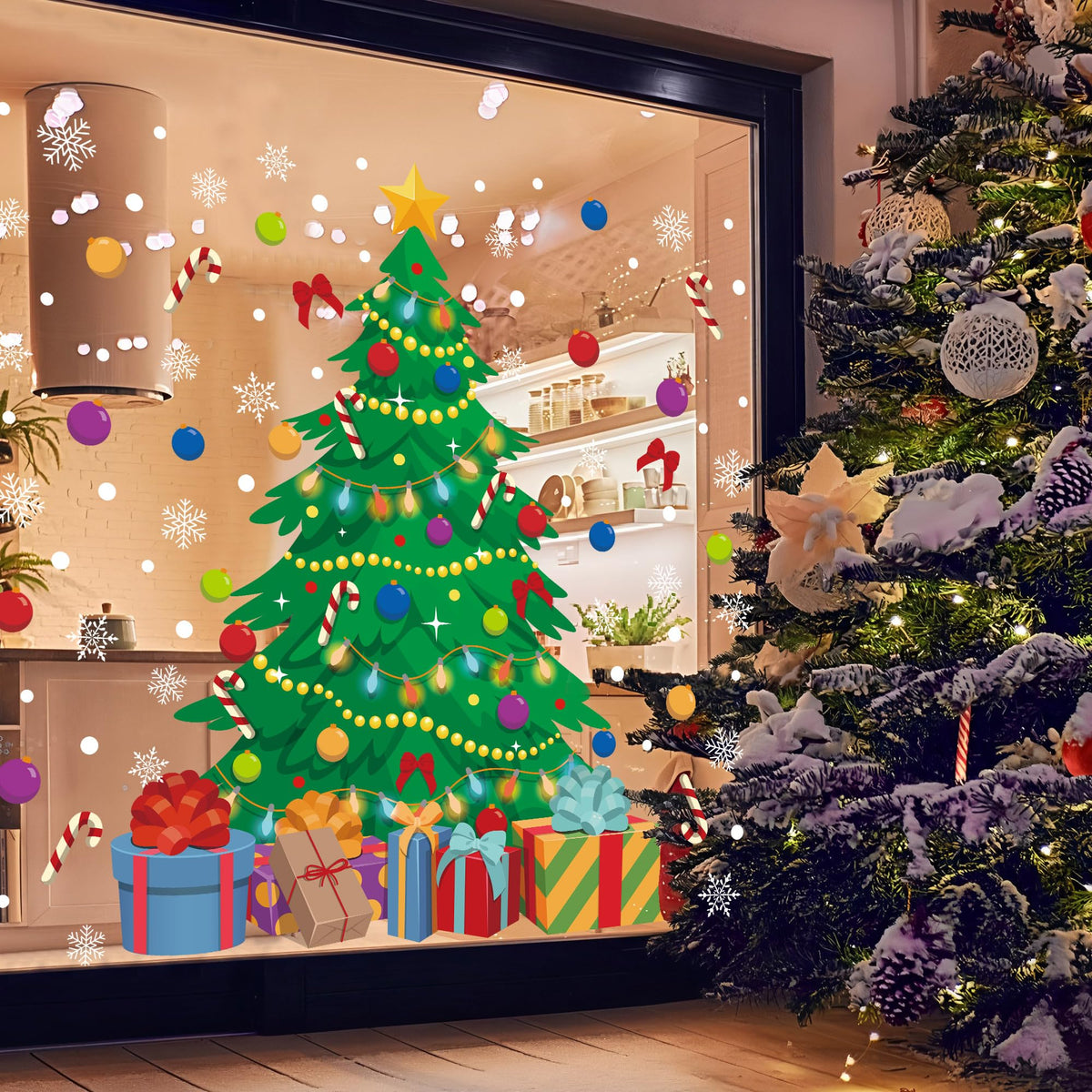 2 Sheet Christmas Tree Window Clings Extra Large Xmas Tree Snowflake Window Decals Stickers Reusable Double-Sided Christmas Windows Decorations for Xmas Winter Holiday Party Home Office Glass Decor