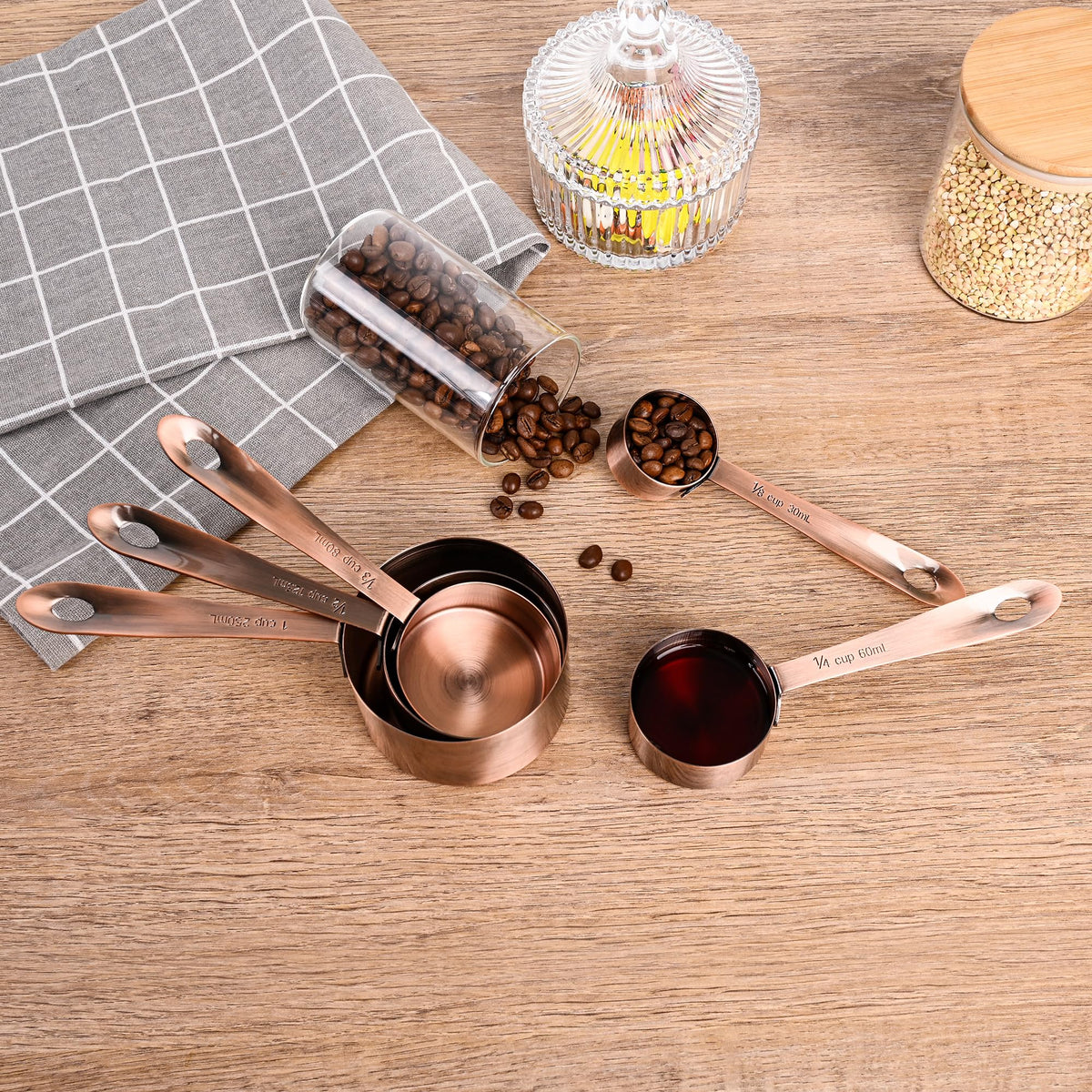 Nstezrne Copper Measuring Cups and Spoons Set, Stainless Steel Measuring Cups and Spoons Set 12, Metal Measuring Cups Set, 5 Measuring Cup Set and 6 Copper Measuring Spoons &Leveler for Kitchen