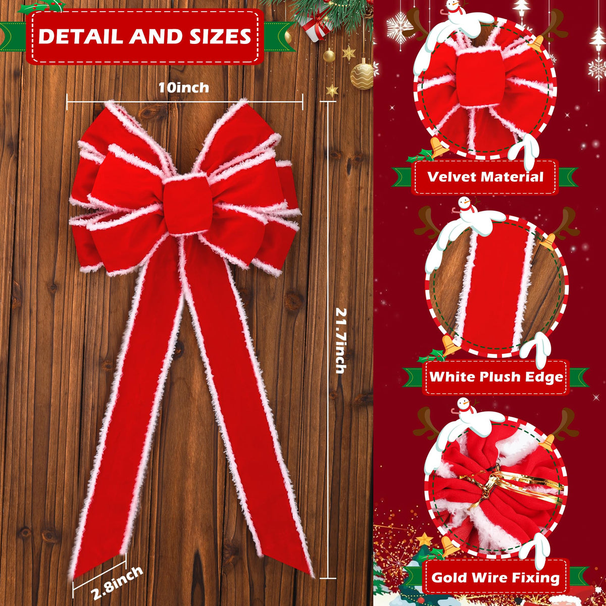 Anyfire Large Red Christmas Bow: 10'' x 21'' Large Christmas Tree Topper Bow Red Velvet Bow with White Edge for Wreath Garland Stair Fireplace Home Indoor Outdoor Xmas Decoration (1 Packs)