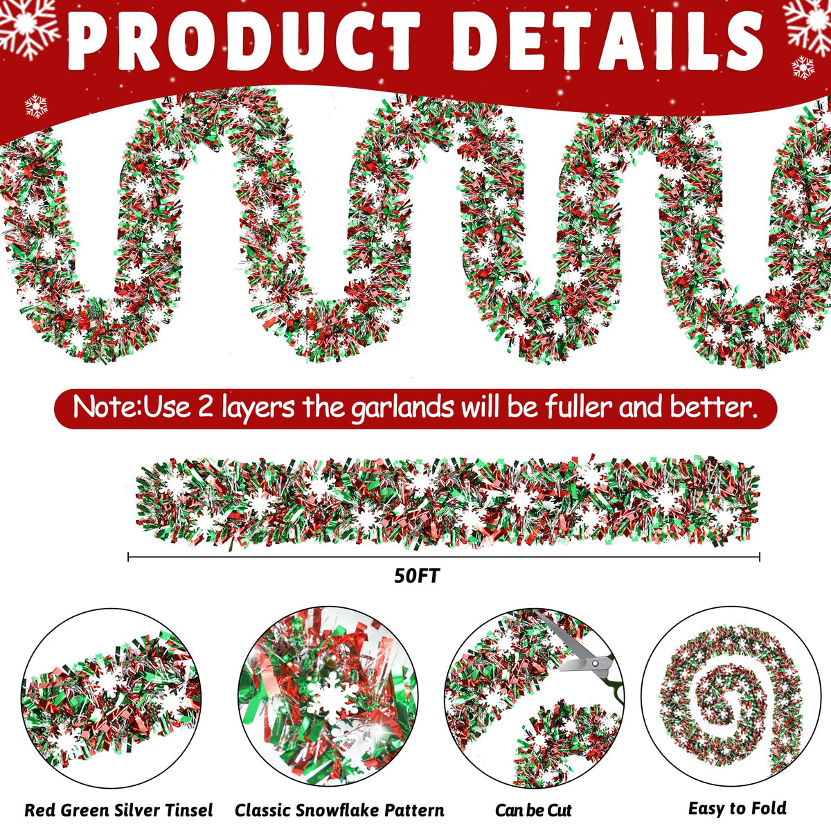 50 FT Christmas Decorations, Christmas Tinsel Garland with Snowflake Shiny Metallic Twist Red Green Silver Christmas Garland for Home Tree Mantle Stairs Indoor Outdoor Xmas Party Decorations