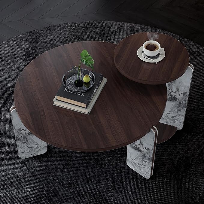 GDFStudio Round Nesting Coffee Table Set of 2, Modern Wooden Accent Side Table