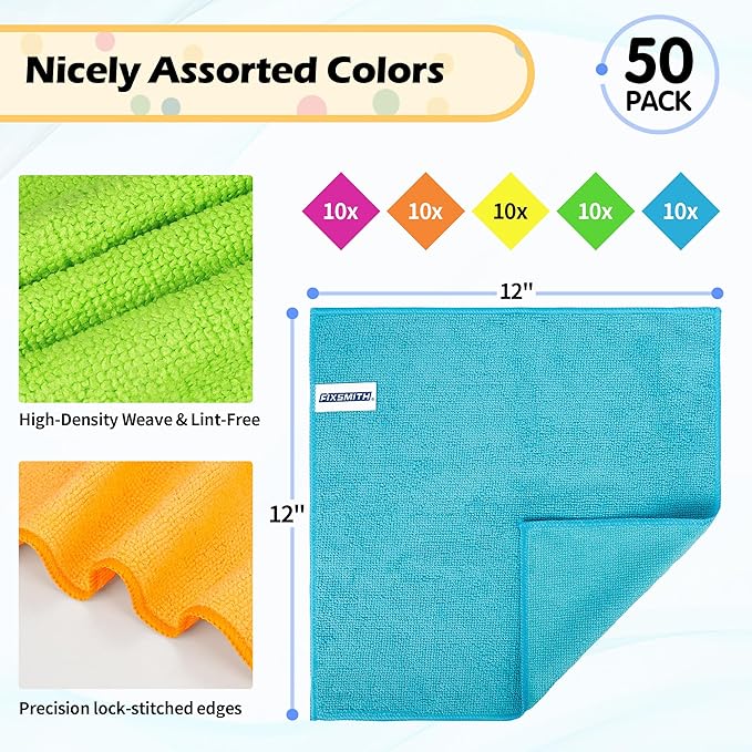 FIXSMITH Microfiber Cleaning Cloth, 50 Pack Cleaning Rags, Cleaning Towels