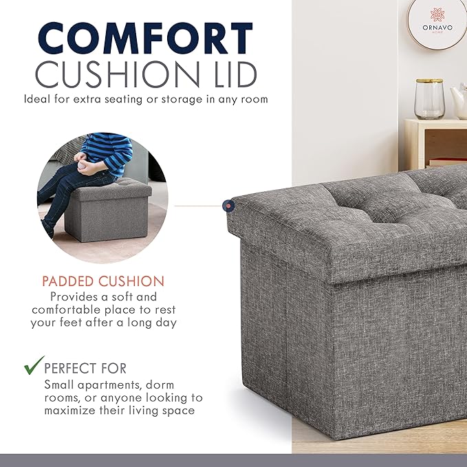 Ornavo Home Small Storage Ottoman, Foldable Collapsible Rectangle Linen Ottoman