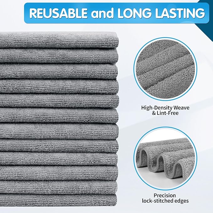 FIXSMITH Grey Microfiber Cleaning Cloth -Pack of 12, Highly Absorbent Cleaning
