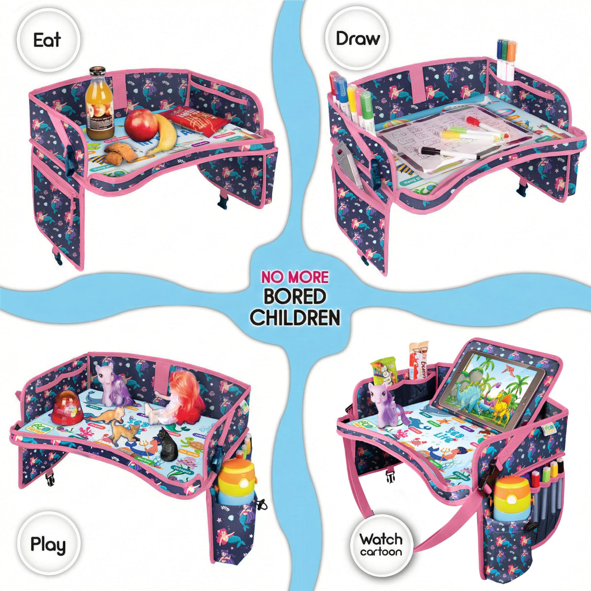 ECOFANTASY Kids Travel Tray - Waterproof Lap Table with No-Drop Large Tablet Holder - Car Seat Tray - Road Trip Essentials Kids - Car Desk Organizer for Airplane - Toddler Travel Essentials(MERMAID)