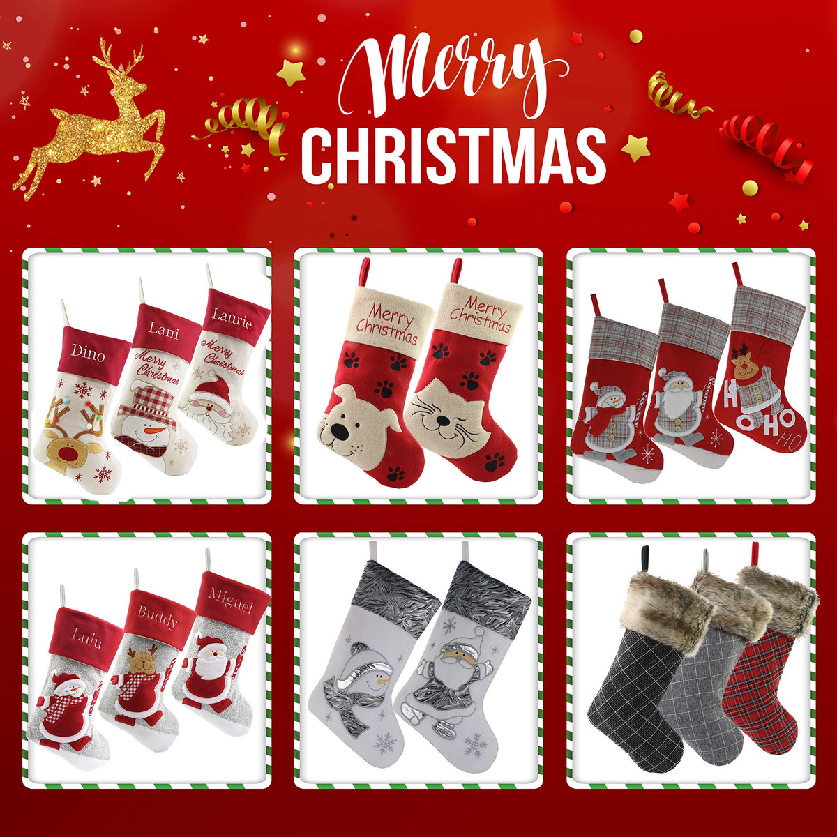 WEWILL Lovely Christmas Stockings Set of 3 Santa, Snowman, Reindeer, Xmas Character 3D Plush Linen Hanging Tag Knit Border for Family Kids