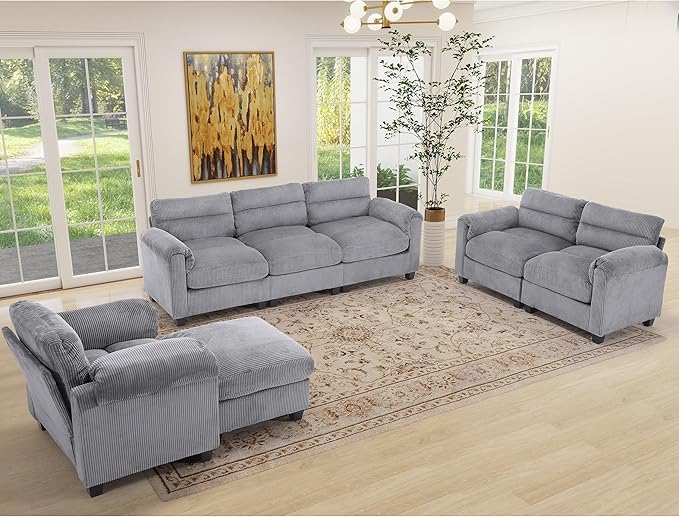 HAOMARKETS Corduroy Sofa Set, Two Upholstered Loveseat, and 3-Seater Couch