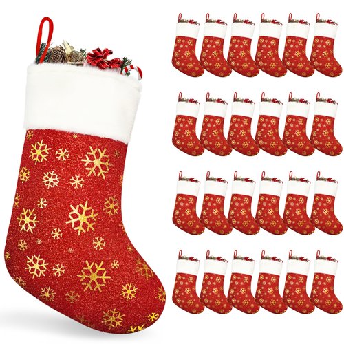 24PCS Bulk Christmas Stockings,18"Large Red Velvet with White Plush Cuff Xmas Stocking,Felt Flannel Faux Fur Stockings with Golden Snowflakes,Thickened Christmas Stockings Bulk for Fireplace Mantel