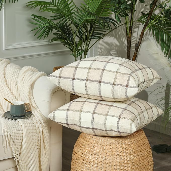 Stellhome Pack of 2 Fall Lumbar Linen Buffalo Check Throw Pillow Covers Autumn