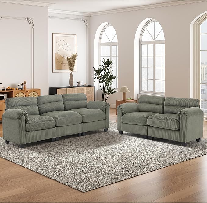 HAOMARKETS Corduroy Sofa Set, Upholstered Loveset and 3-Seater Couch
