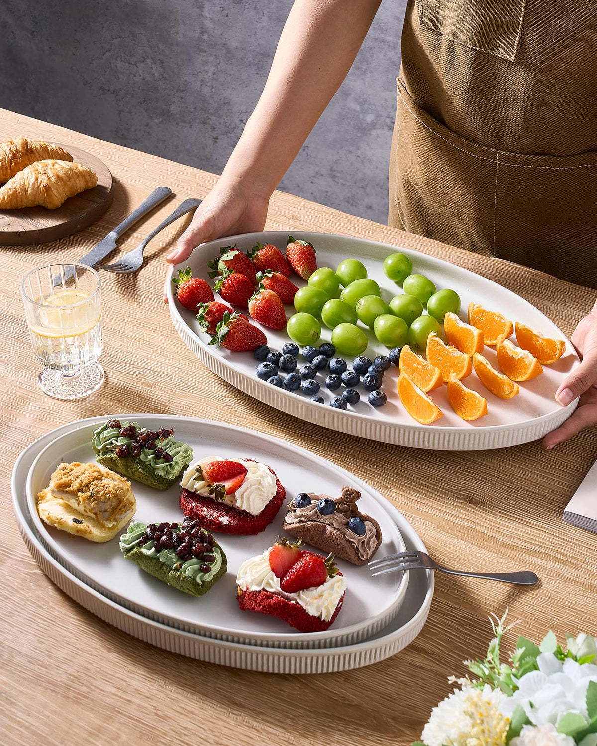 famiware Serving Platter, 16/14.6/12.9 Inch Serving Dishes for Entertaining, Party Serving Trays for Food, Buffet Oval Platters for Food, Large Plates for Bread Turkey Cheese Appetizer, Matte White