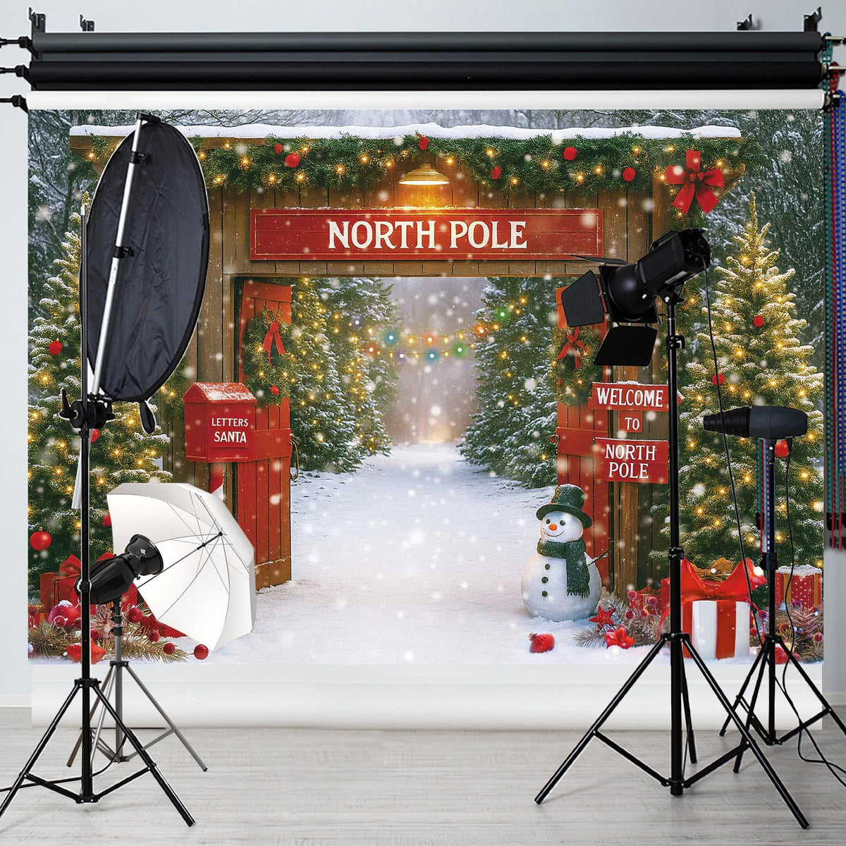 Fluzimir Christmas Photography Backdrop 8x6ft – Rustic Snowy Forest Barn Door with Xmas Tree, North Pole Winter Scene Fabric Photo Background for Family Party, Baby Holiday Photos
