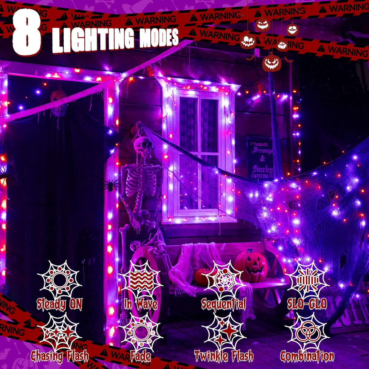 Ollny Halloween Lights Outdoor, 300 LED 100FT Orange and Purple Halloween Decorations with 8 Modes Timer, Plug in String Lights for Indoor Outside House Yard Party