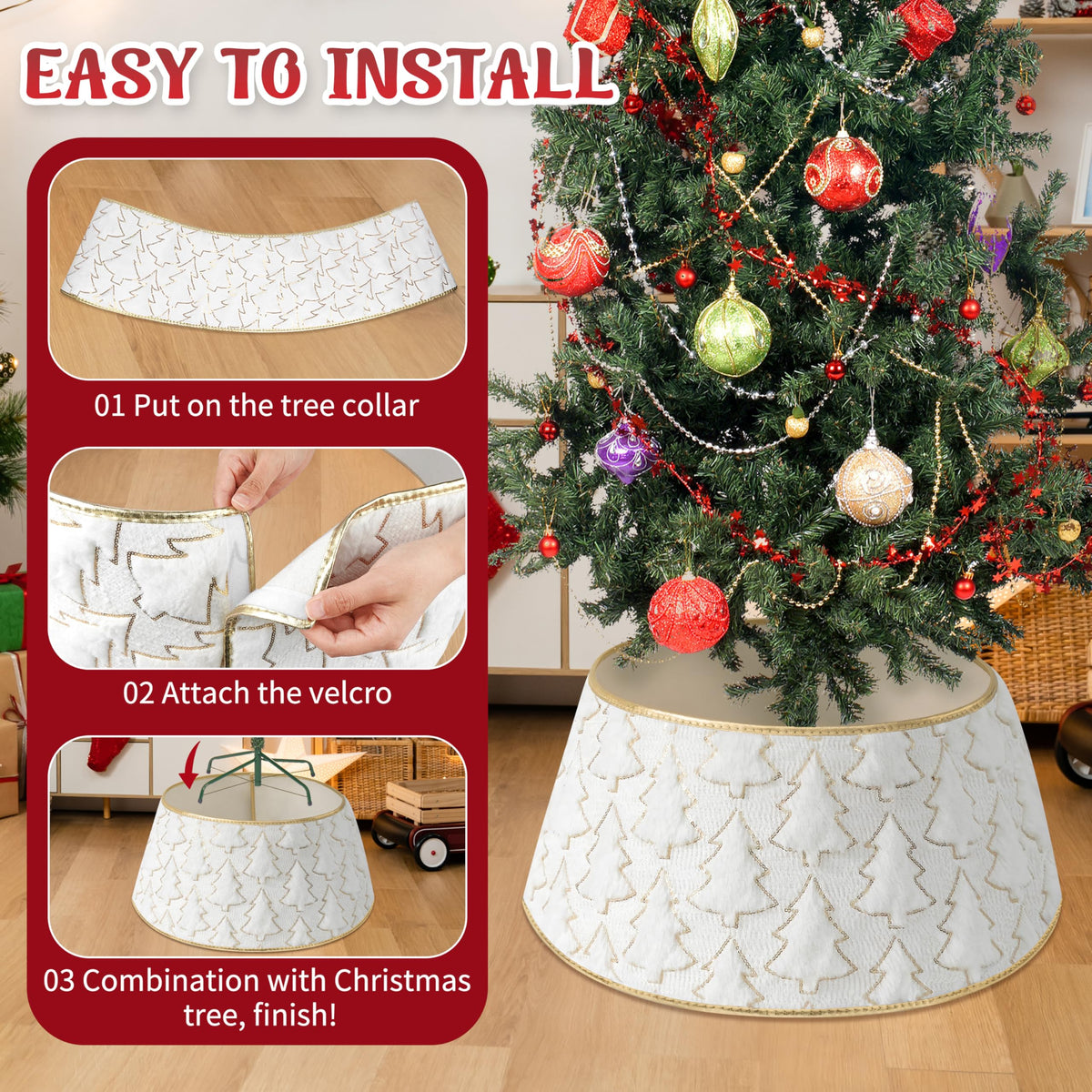 Faux Plush Christmas Tree Collar,Rustic Farmhouse Tree Skirt Ring with Xmas Tree Textured Pattern for Holiday Christmas Indoor Home Decor（White）