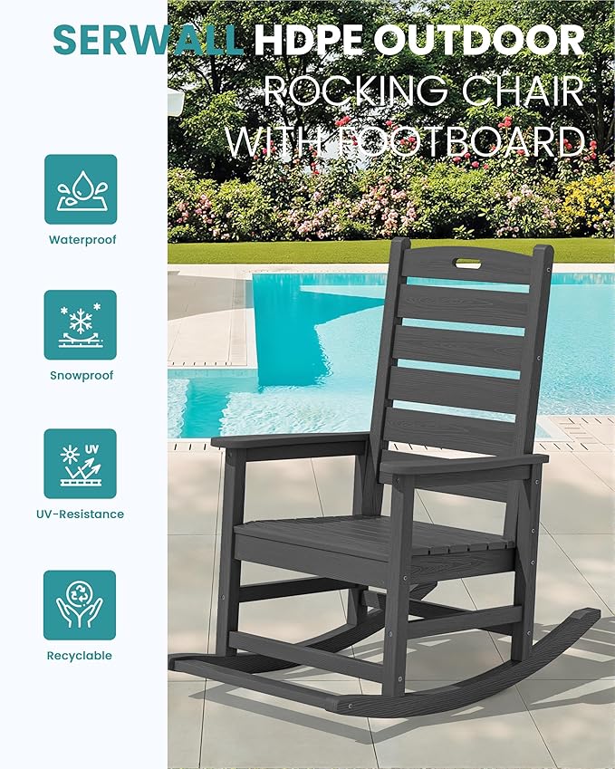 SERWALL Outdoor Rocking Chair Set of 4, Oversized HDPE Patio Rocking Chair
