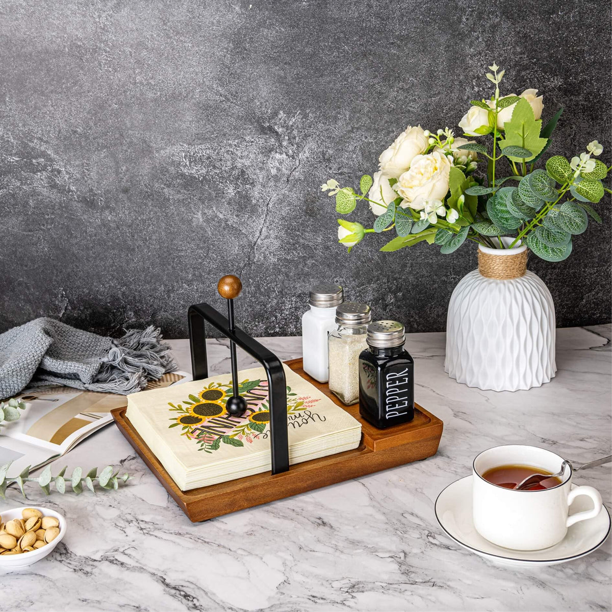 Black Wooden Napkin Holder, Multifunctional Farmhouse Napkin Holder for Table, Kitchen, Outdoor Use, Includes Space for Salt and Pepper Shakers (Seasoning Jar Not Included)