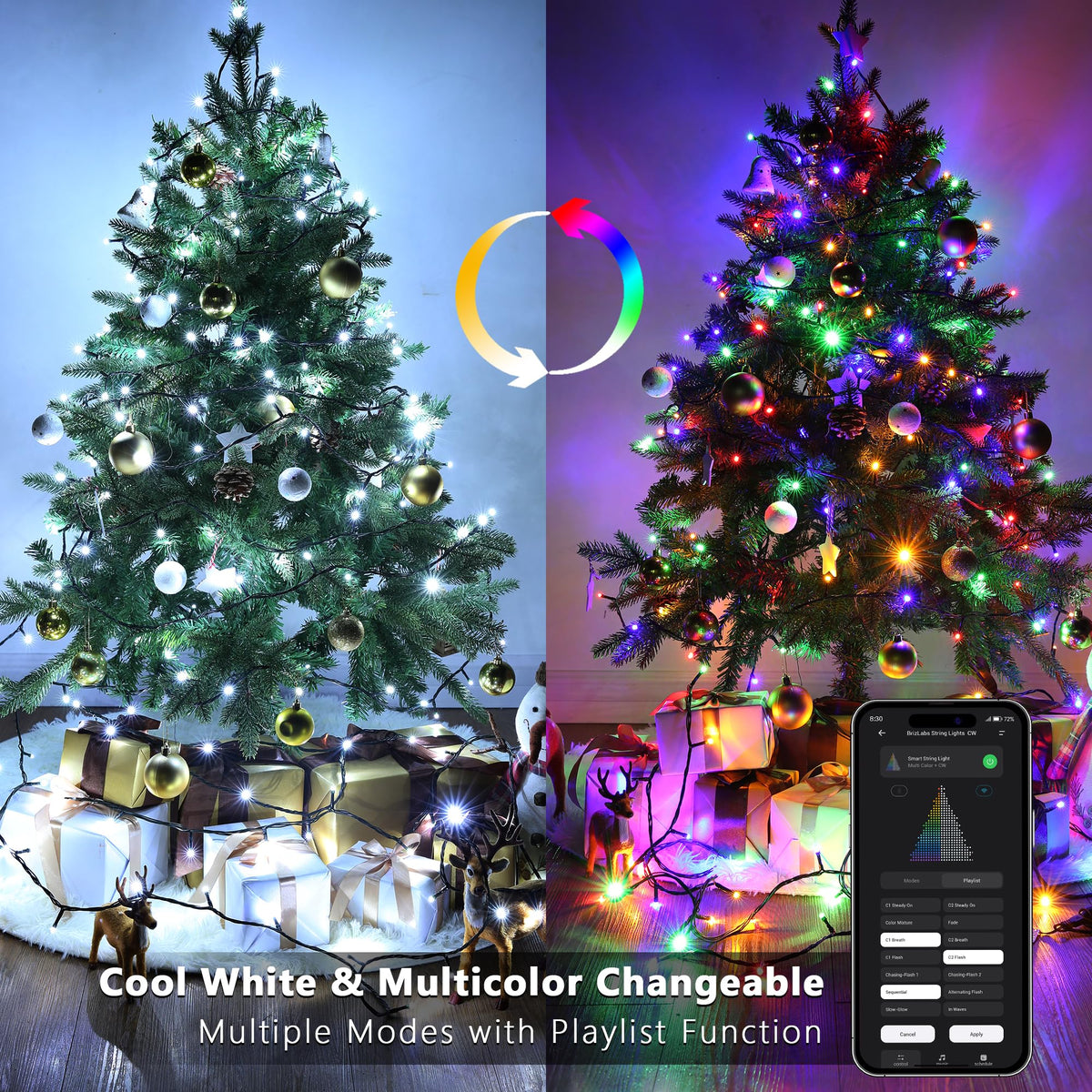 BrizLabs Smart Christmas Tree Lights, 262ft 800 LED Color Changing WiFi Christmas Lights Work with Alexa & Google Home, Cool White & Multicolor APP Xmas Light Music Sync Smart Light for Xmas Tree Home
