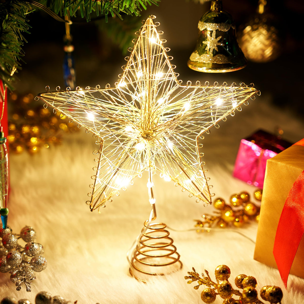 Joiedomi Christmas Tree Toppers 8" Gold Metal Star Decor with Battery Powered Treetop Ornaments with Warm White LED Lights for Xmas Holiday Party Indoor Decorations