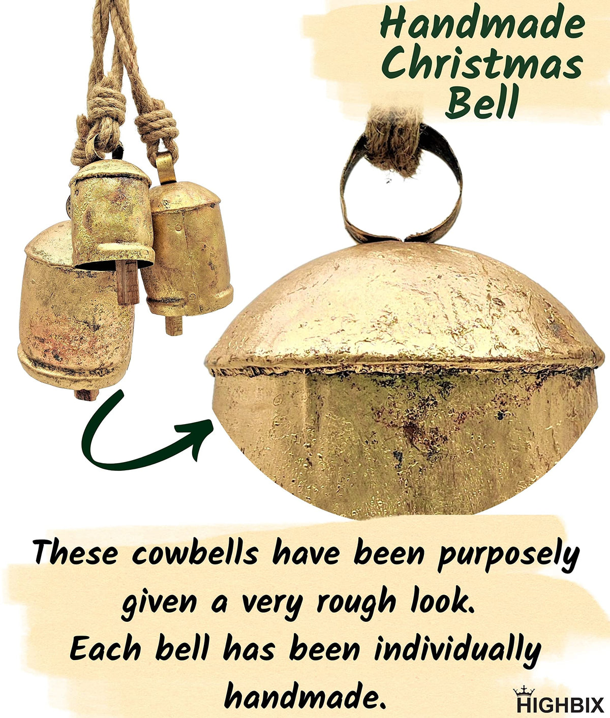 HIGHBIX Set of 3 Giant Harmony Cow Bells Huge Vintage Shabby Chic Handmade Rustic Lucky Christmas Hanging XL Bells On Rope Country Rustic (Small)