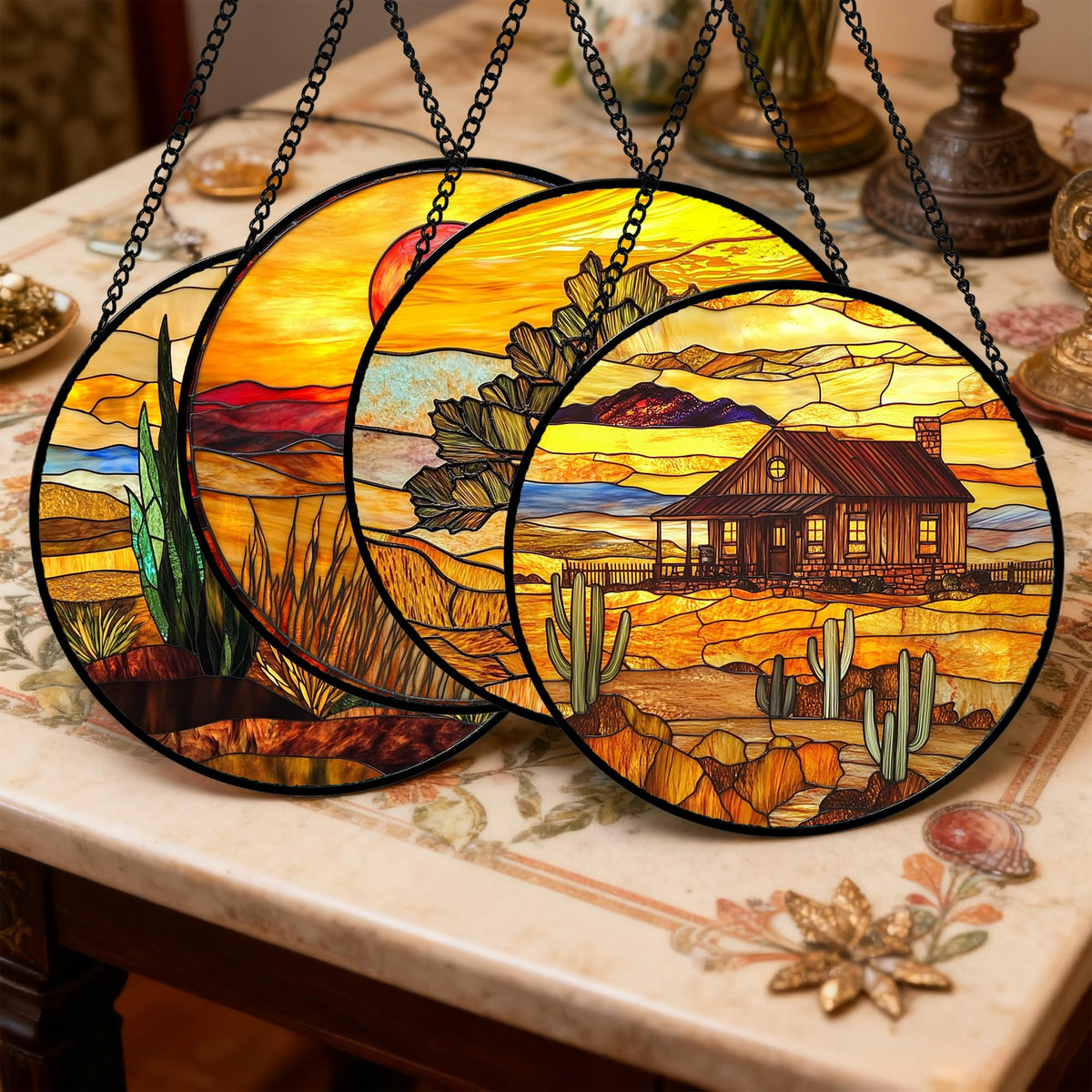 DASTOLL Stained Glass Window Hanging 4 Pcs Set Desert Sunset Theme Landscape 6.3" - Suncatcher Door Garden Sun Catcher Decor Birthday Christmas for Mom Woman Nana Men