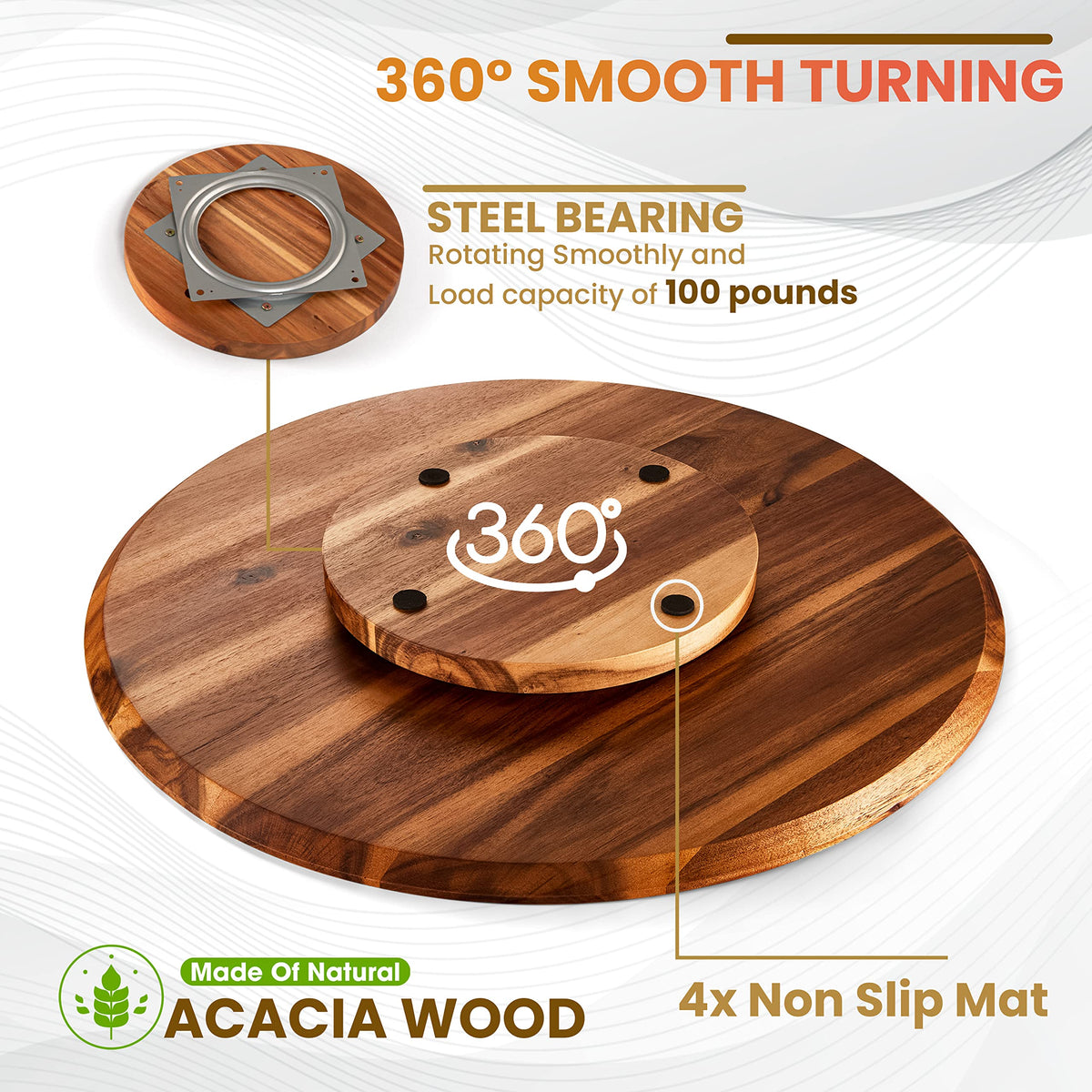TIDITA 21" Acacia Wood Lazy Susan for Table Top - Wooden Turntable Serving Tray for Charcuterie Boards Cheese Board - Extra Large Round Lazy Susan Organizer - Kitchen Revolution for Countertop