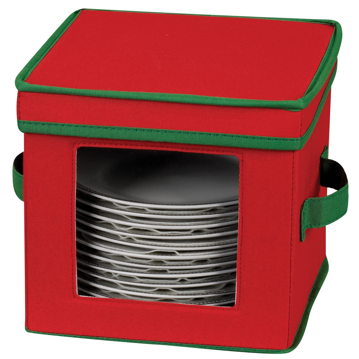 Household Essentials 532RED Holiday China Dinnerware Storage for Dessert Plates or Bowls | Removable Lid | Red Canvas with Green Trim