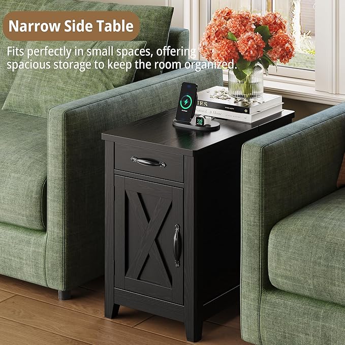 IRONCK End Table with Charging Station, Narrow Side Table