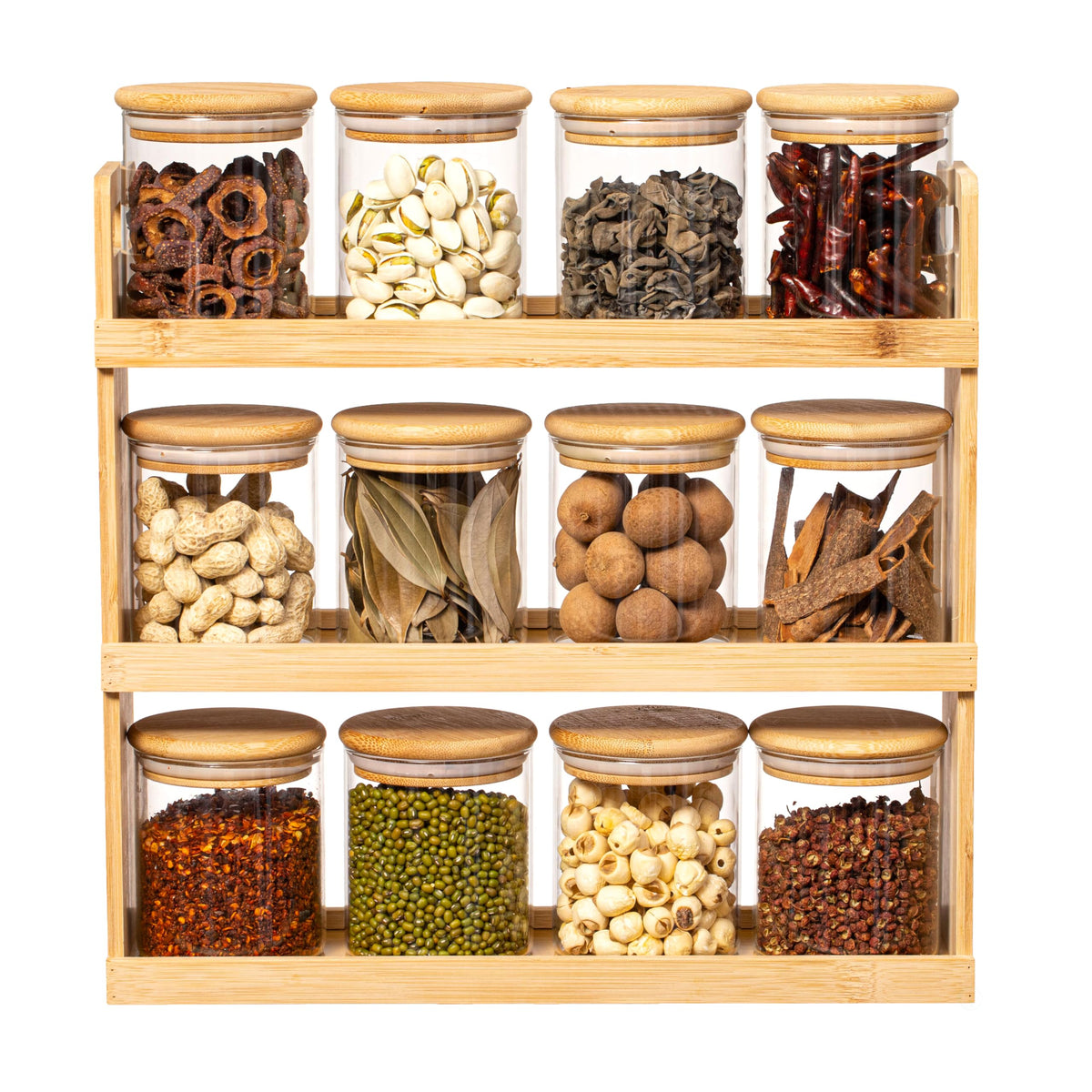 Basicwise Versatile 3-Tier Bamboo Spice Rack and Pantry Organizer with 12 Glass Jars – Perfect for Countertop Storage in Kitchens to Keep Seasoning Containers Neatly Displayed and Easily Accessible