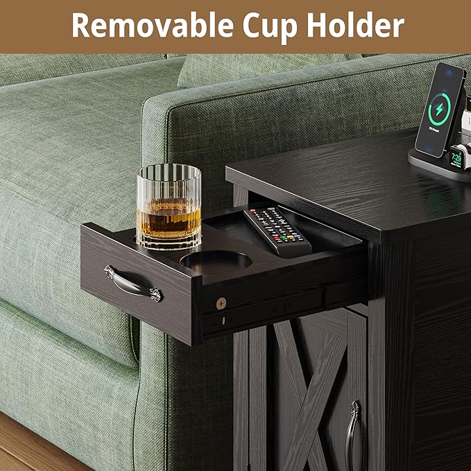 IRONCK End Table with Charging Station, Narrow Side Table