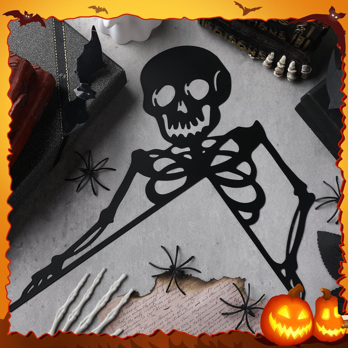 Yaocom Metal Halloween Skeleton Door Topper 11.8" x 11.8" Halloween Door Frame Decoration Gothic Metal Skull Sign for Corner Cabinet Shelf Window Wall Ornaments Day of The Dead Home Office Kitchen
