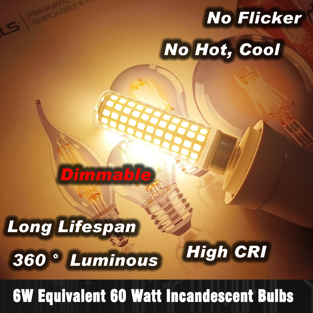 Hylroe E12 Dimmable 6 Watt LED Light Bulb AC120V 600lm Warm White 2700K 60 Watt Halogen Equivalent T6 C7 Candelabra E12 Small Base for Ceiling Fan Chandelier Pendant Wall Sconces Salt Lamp, 4 Pack