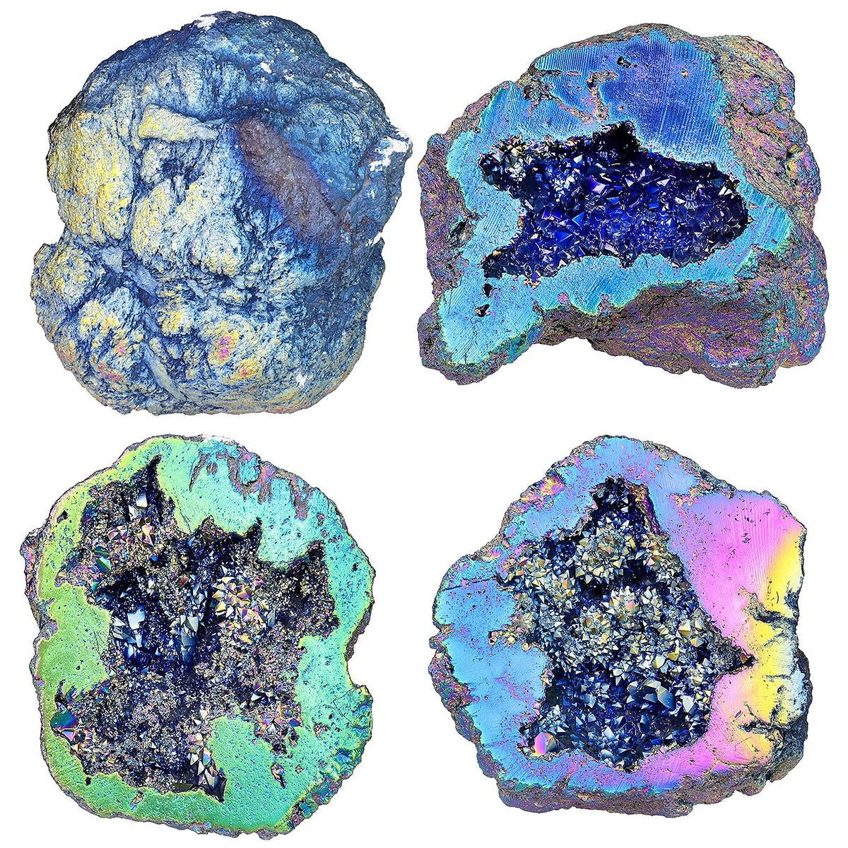 mookaitedecor Bundle - 2 Items: Natural Raw Amber Calcite Crystal Cluster Geode Stone & Angel Aura Quartz Geode Stone Titanium Coated Rock Crystal Specimen for Home Decor
