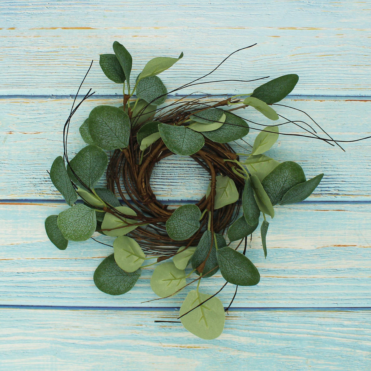 CVHOMEDECO. Rustic Country Artificial Eucalyptus Leaves and Twig Wreath, Year Round Full Green Wreath for Indoor or Outdoor Display, 9-Inch