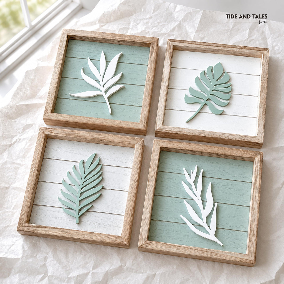 Tide and Tales 3D Sage Green Leaf Botanical Wall Art (Framed Set of 4) – Textured Boho Botanical Bathroom Art Wall Decor – Leaf & Plant Accent for Bedroom or Living Room 7"x7"
