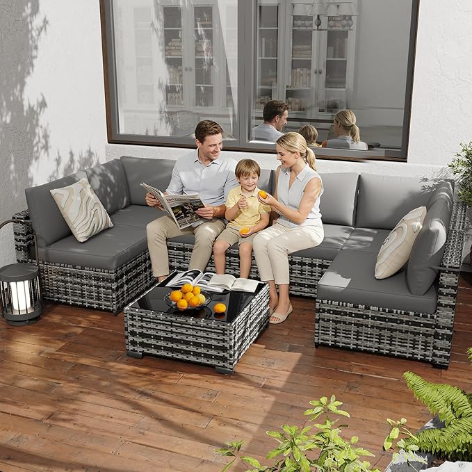 KIGOTY Patio Furniture Set, 7 Pieces Modular Outdoor Sectional Sofa, PE Rattan