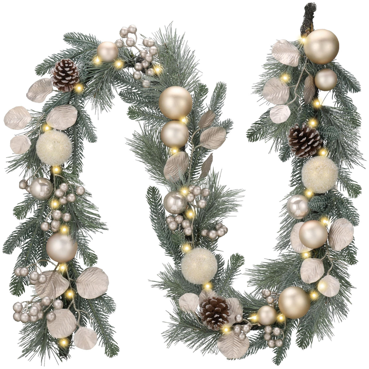 Valery Madelyn 6 Ft Pre-Lit Christmas Garland with Lights for Mantle, Lighted Outdoor Xmas Garland with White Gold Balls Norfolk Pine for Home Stairs Fireplace Table Centerpiece Indoor Holiday Decor
