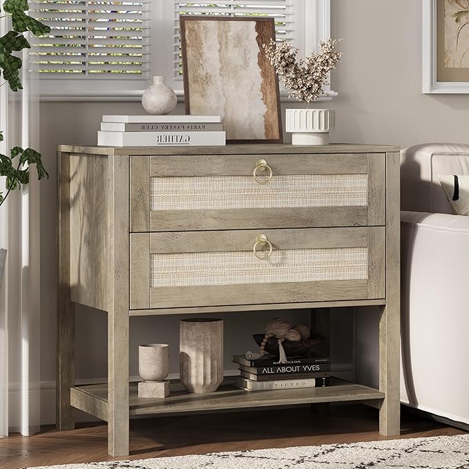 Xixini Nightstand wih 2 Drawers & Open Shelf, Small Mid Century Modern Night