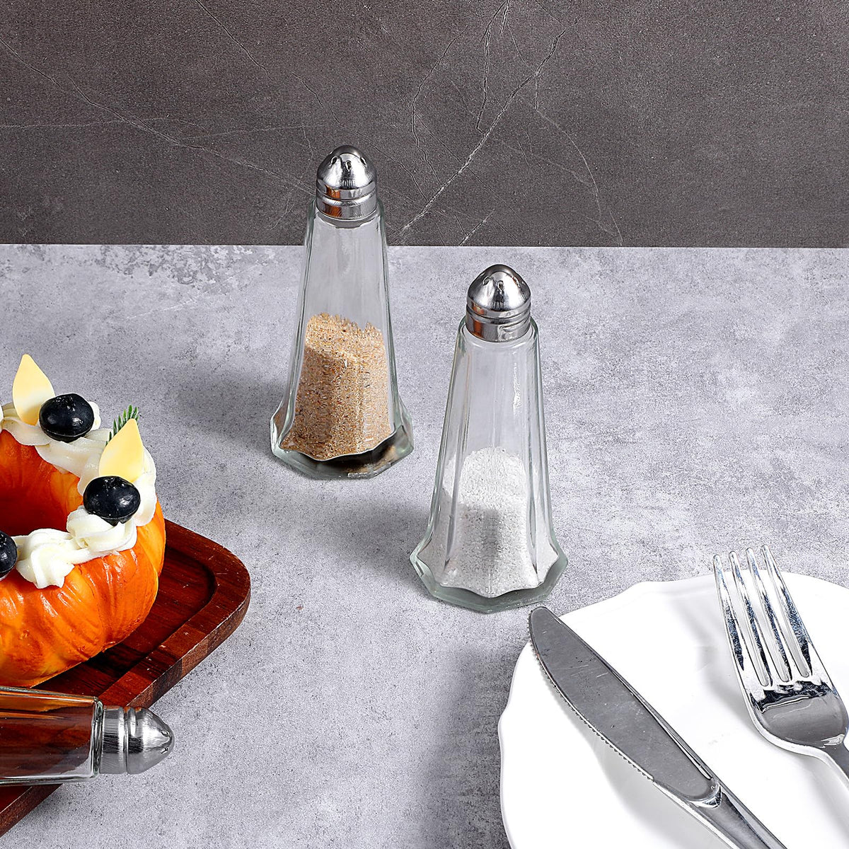 Set of 24 Tower Glass Salt and Pepper Shakers Bulk 40ml Small Tower Spice Shakers Refillable Glass Salt Shaker with Stainless Steel Chrome Top Lid for Home Restaurant Kitchen Seasonings Supplies
