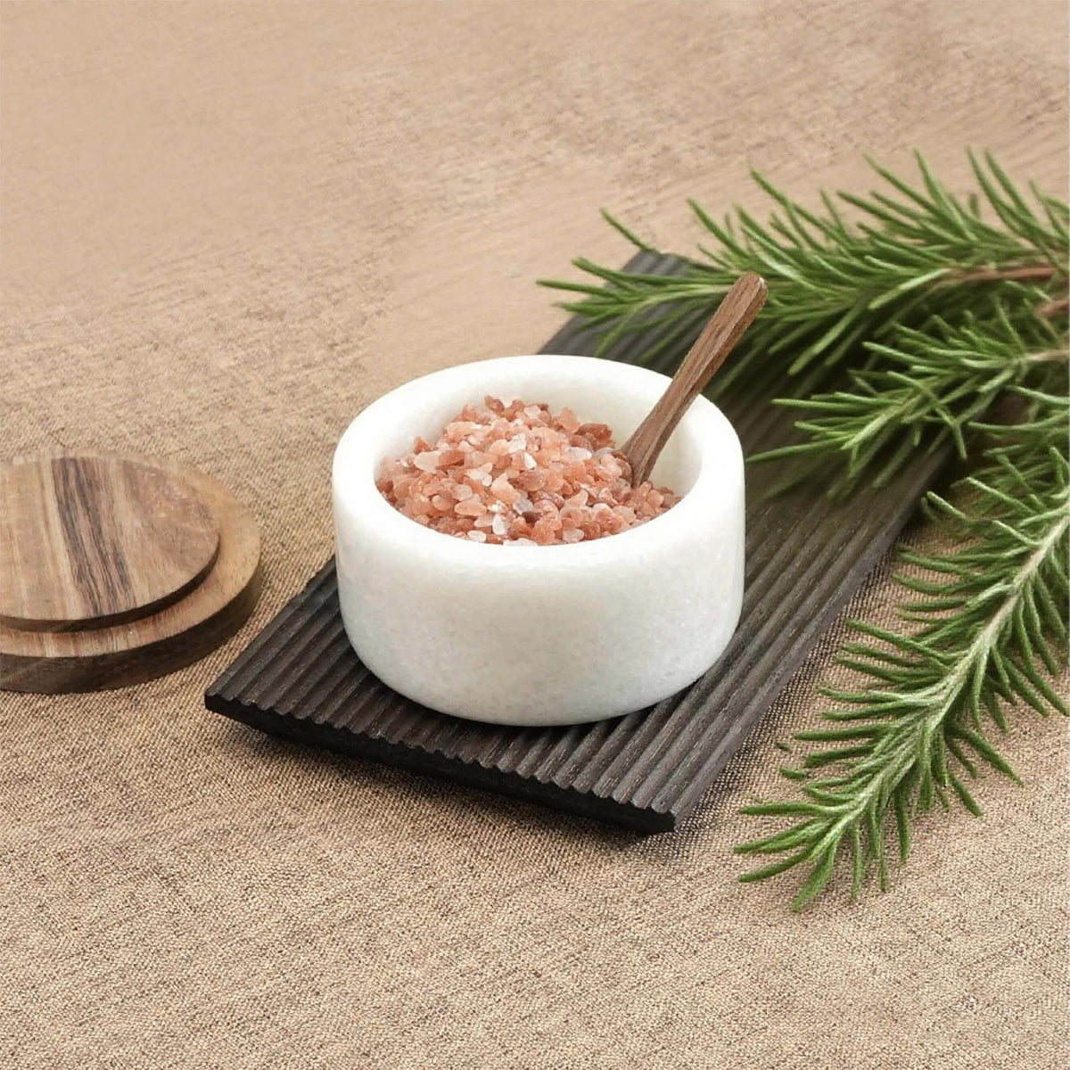 seicasaya Marble Salt Cellar with Acacia Wood Lid and Spoon – 4-inch Salt Box with Spoon Slot, Kitchen Spice Container for Salt, Sugar, or Spices (White)