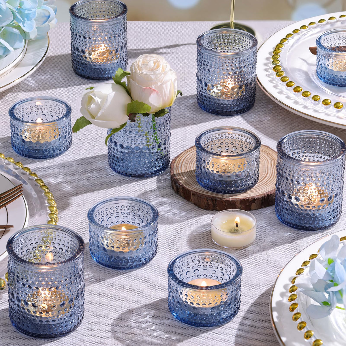 30 Pcs Blue Votive Candle Holders – Glass Candle Holders Bulk for Wedding Table Centerpiece, Something Blue Bridal Shower, Baby Shower, Summer & Everyday Home Decor