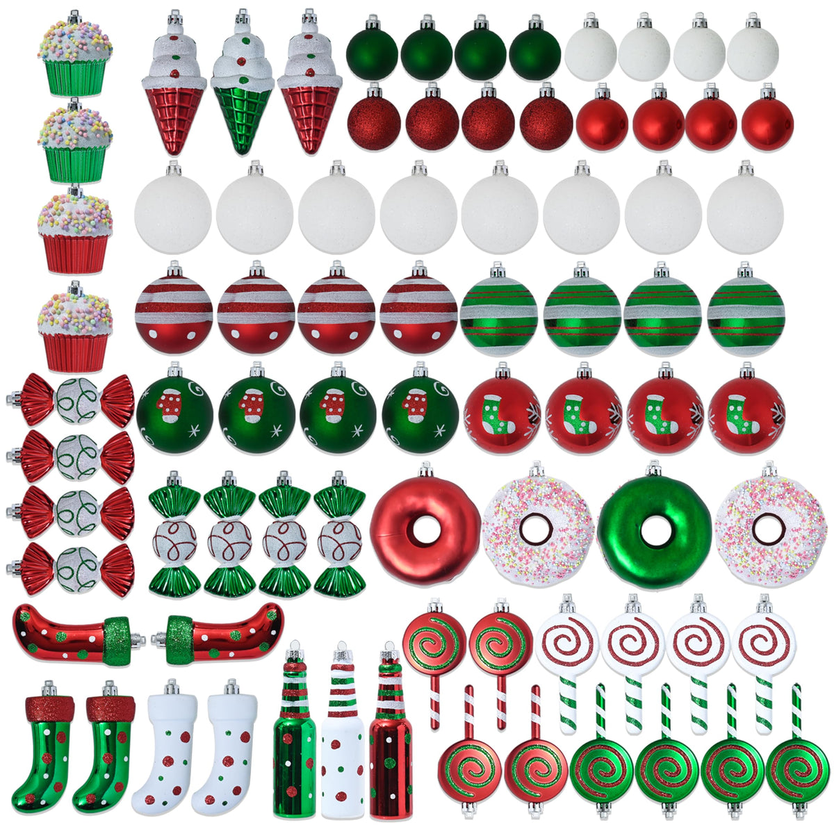R N' D Toys Candycane Ornament Set – Christmas Candy Cane Shatterproof Balls and Hanging Ornaments for Indoor & Outdoor Christmas Xmas Tree, Holiday Party, Home Décor -82 Piece Set (Red Green & White)