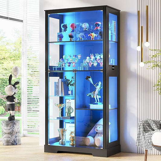 71” Display Cabinet with Glass Doors, Modern Curio Cabinet with 3 Color Lights